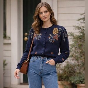 Vintage Indian Summer Canada 100% Wool Floral Cardigan Sweater – Navy – Size L